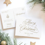 Gold Romantic Merry Christmas Script Holiday Postcard<br><div class="desc">This simple Christmas postcard features elegant and romantic swirly calligraphy lettering with a winter holly berry bouquet and custom text on the back. For more advanced customization of this design,  please click the BLUE DESIGN TOOL BUTTON above!</div>