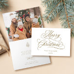 Gold Romantic Merry Christmas Script Photo Folded Holiday Card<br><div class="desc">This Christmas photo folded card features elegant and romantic swirly calligraphy lettering with a winter holly berry bouquet and a photo inside. For more advanced customization of this design,  please click the BLUE DESIGN TOOL BUTTON above!</div>