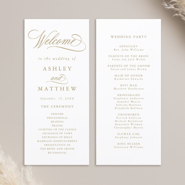Gold Romantic Swirly Calligraphy Wedding Ceremony Program (Front & Back)