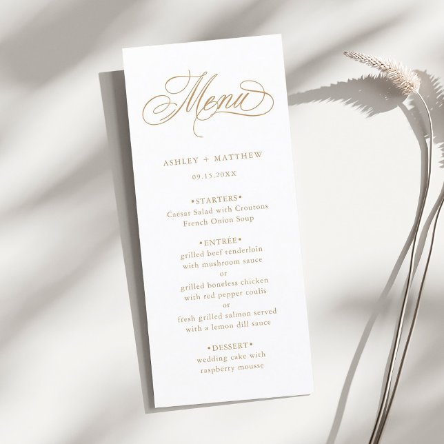 Gold Romantic Swirly Calligraphy Wedding Menu (Creator Uploaded)