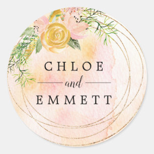 Gold Rose and Blush Pink Watercolor Wedding Favour Classic Round Sticker
