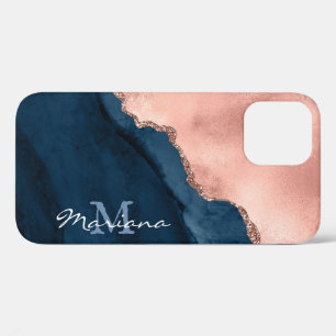 Gold Rose and Navy Blue - Agate Watercolor - iPhone 12 Pro Case