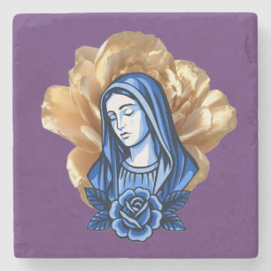 Gold Rose Blue Mother Mary Rich Deep Plum Faith Stone Coaster
