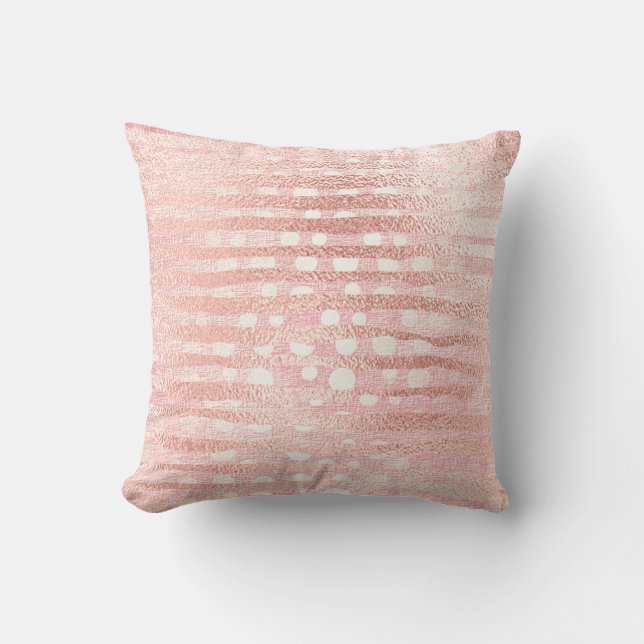 Gold Rose Blush Pink Metallic Stripes Lines White Throw Pillow (Front)