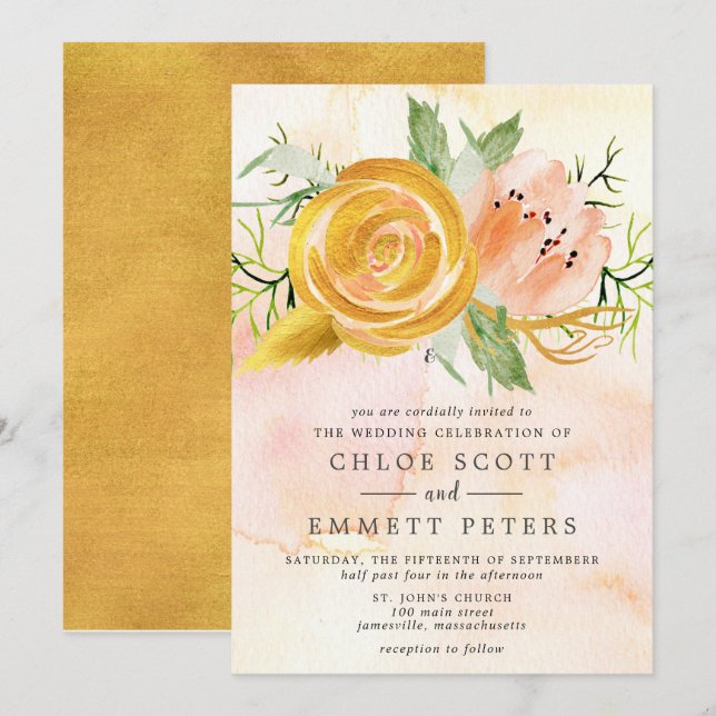 Gold Rose Blush Pink Peony Floral Wedding Invitation (Front/Back)