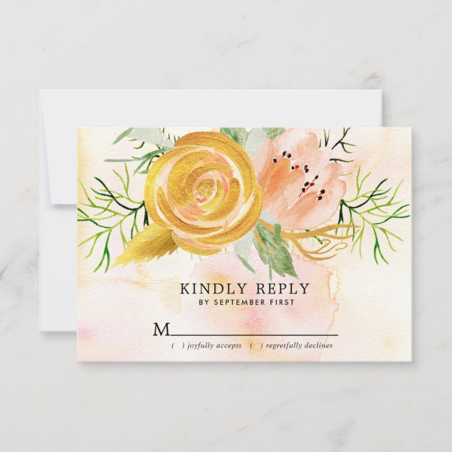 Gold Rose Blush Pink Peony Floral Wedding RSVP Card (Front)