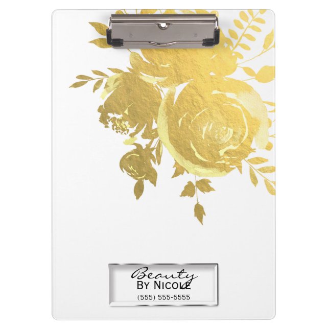 Gold Rose Faux Foil Elegant Floral Personalized Clipboard (Front)