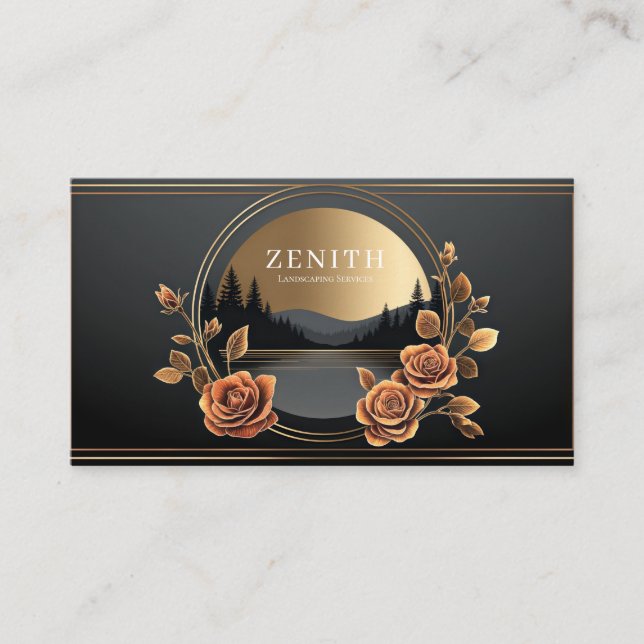 Gold Rose Floral and Midnight Mountain Scene Business Card (Front)