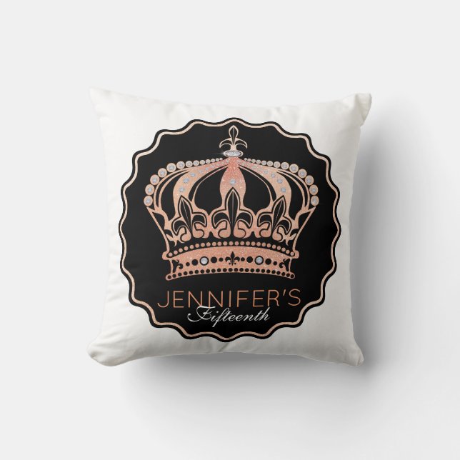 Gold Rose Glitter Crown Throw Pillow (Front)