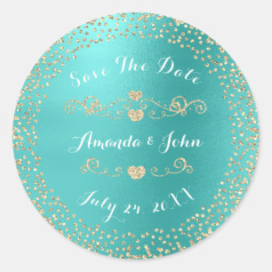 Gold Rose Glitter Save the Date Mint Ocean Aqua Classic Round Sticker