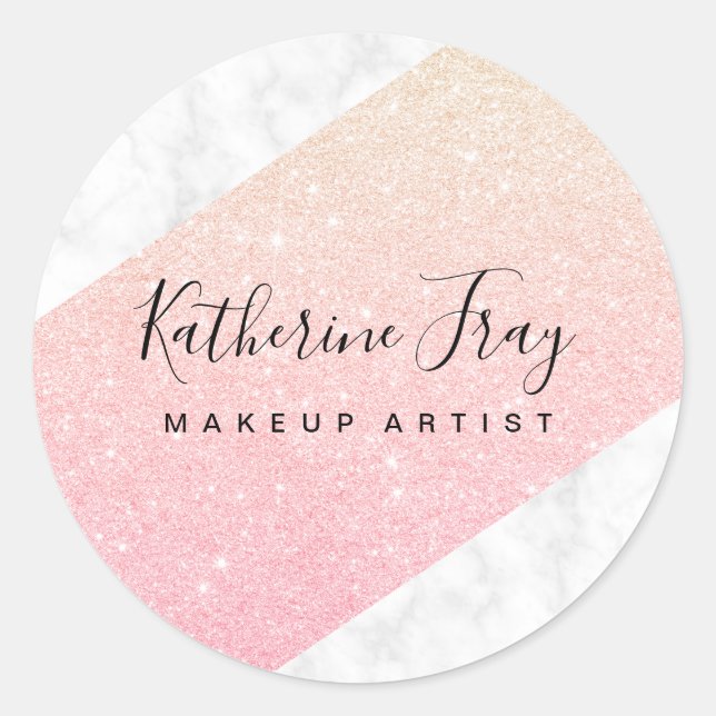 Gold rose gold glitter white marble makeup classic round sticker (Front)