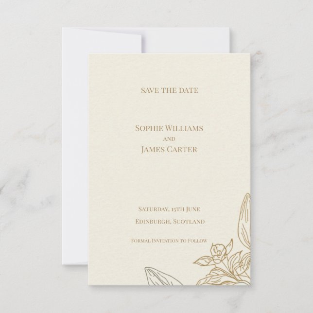 Gold Rose Line Art Luxury Wedding Save The Date (Front)