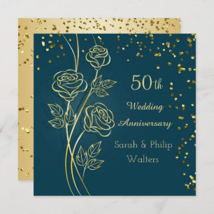 Gold rose on blue green, confetti 50th Anniversary Invitation