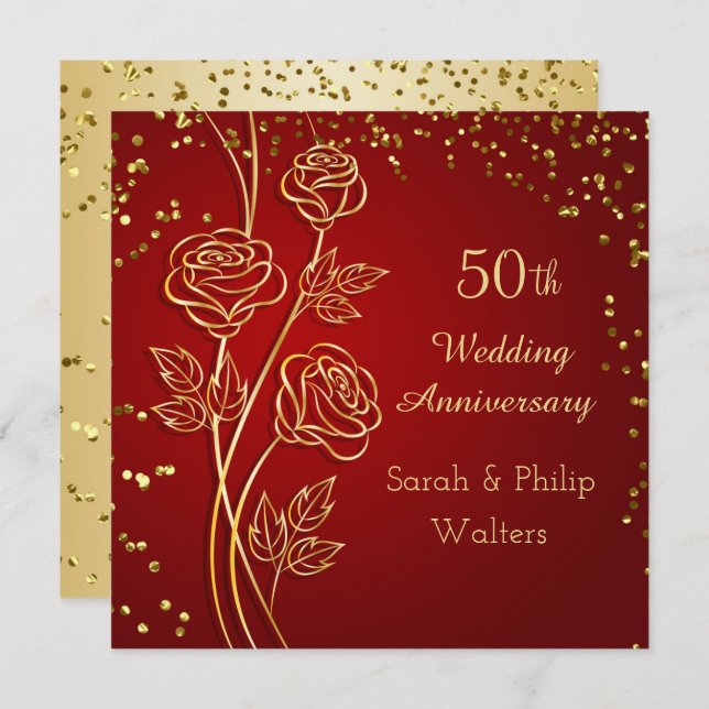 Gold rose on red, confetti 50th Anniversary Invitation (Front/Back)