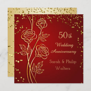 Gold rose on red, confetti 50th Anniversary Invitation