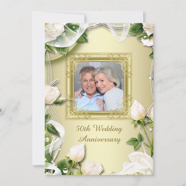Gold Rose Photo 50th Wedding Anniversary Party Invitation (Front)