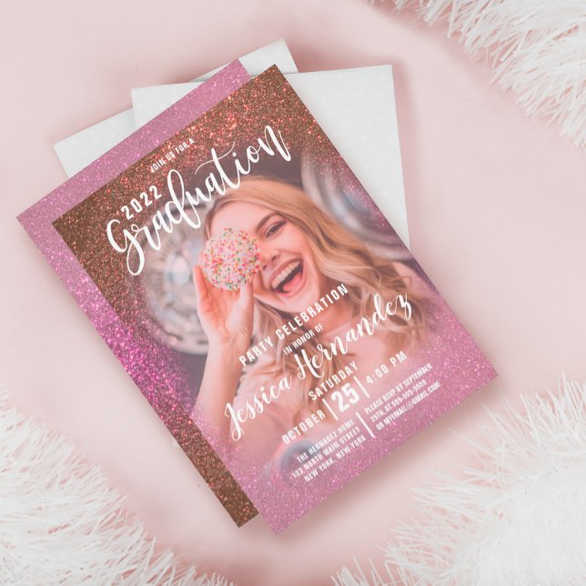 Gold Rose Pink Triple Glitter Photo Graduation Invitation (Creator Uploaded)
