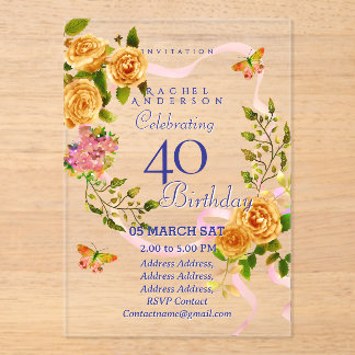Gold Rose Ribbon 40th Birthday Invitation