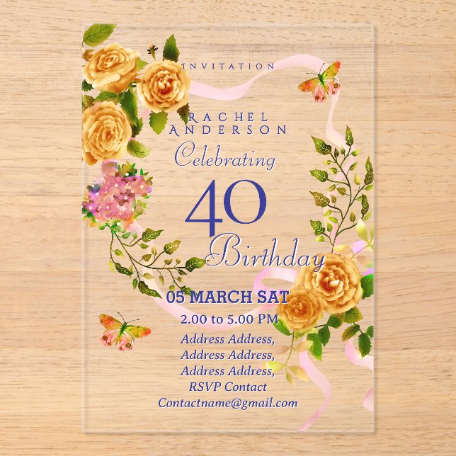 Gold Rose Ribbon 40th Birthday Invitation (Recto)