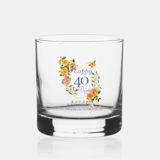 Gold Rose Ribbon 40th Birthday Whiskey Glass (Front)