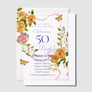 Gold Rose Ribbon 50th Birthday Invitation