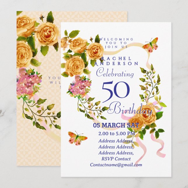 Gold Rose Ribbon 50th  Birthday Invitation (Front/Back)