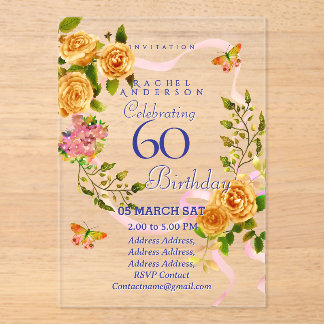 Gold Rose Ribbon 60th Birthday Invitation