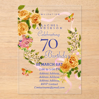 Gold Rose Ribbon 70th Birthday Invitation