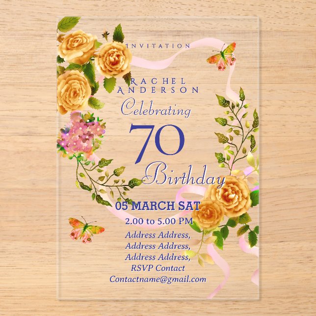 Gold Rose Ribbon 70th Birthday Invitation (Front)
