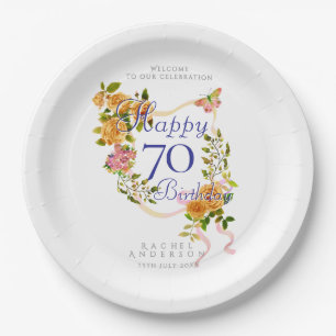 Gold Rose Ribbon 70th Birthday Paper Plate