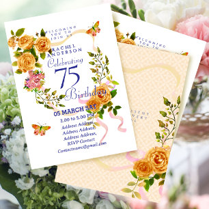 Gold Rose Ribbon 75th Birthday Invitation