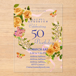 Gold Rose Ribbon Birthday Invitation