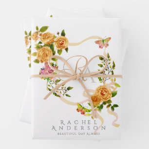 Gold Rose Ribbon Chic Monogram White Wrapping Paper Sheet