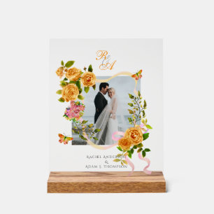 Gold Rose Ribbon Monogram Photo Wedding Acrylic Sign