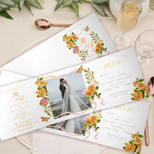 Gold Rose Ribbon Monogram Photo Wedding Invitation
