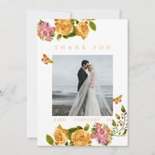 Gold Rose Ribbon Monogram Photo Wedding Thank You  Card