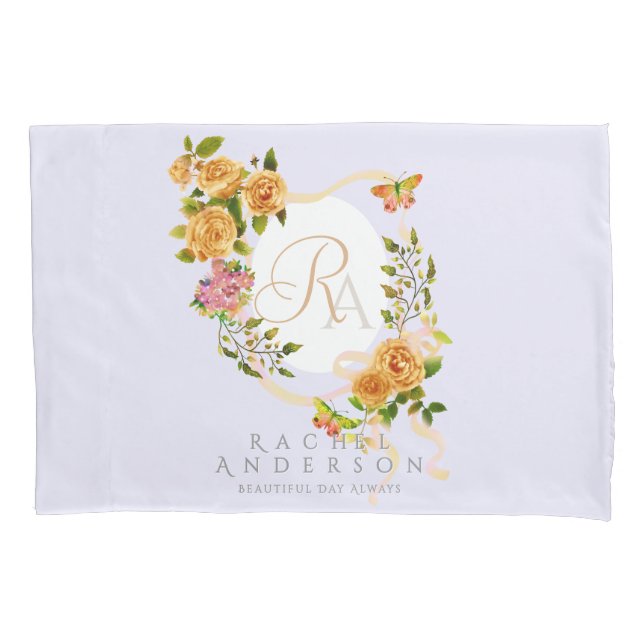Gold Rose Ribbon Monogram Purple  Pillowcase (Front)