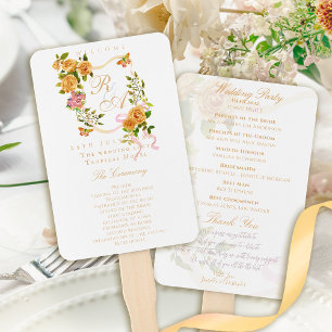 Gold Rose Ribbon Monogram Wedding Hand Fan