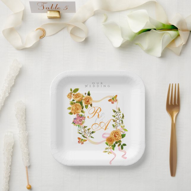 Gold Rose Ribbon Wedding Paper Plate (Wedding)