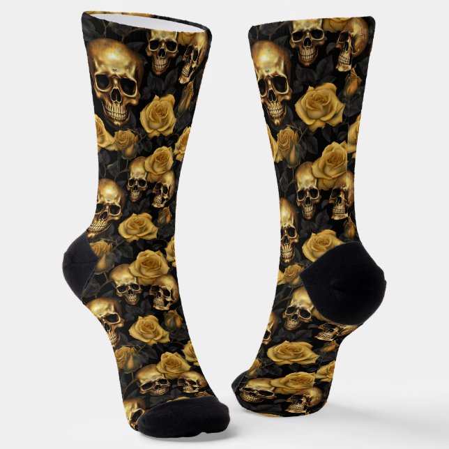 Gold Rose Skull Pattern on Black Socks (Angled)