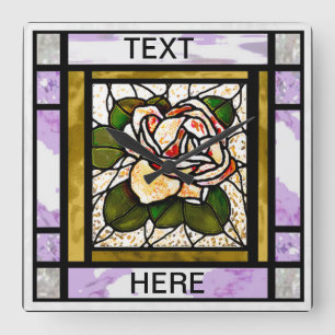 Gold Rose Stained Glass Art Deco Square Wall Clock
