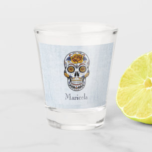 Gold Rose Sugar Skull Personalized Shot Glass