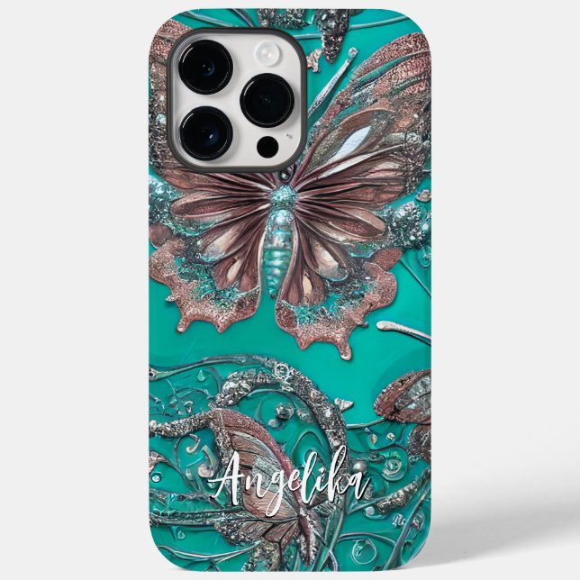 Gold Rose Teal Butterfly Personalized Name Case-Mate iPhone Case (Back)