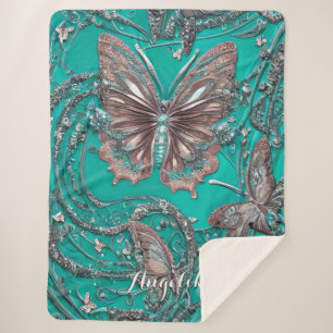 Gold Rose Teal Butterfly Personalized Name Sherpa Blanket