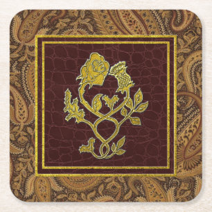 Gold Rose Thistle Paisley and Leather Patterns Square Paper Coaster