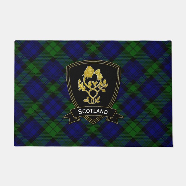 Gold Rose Thistle Tartan Plaid Doormat (Front)