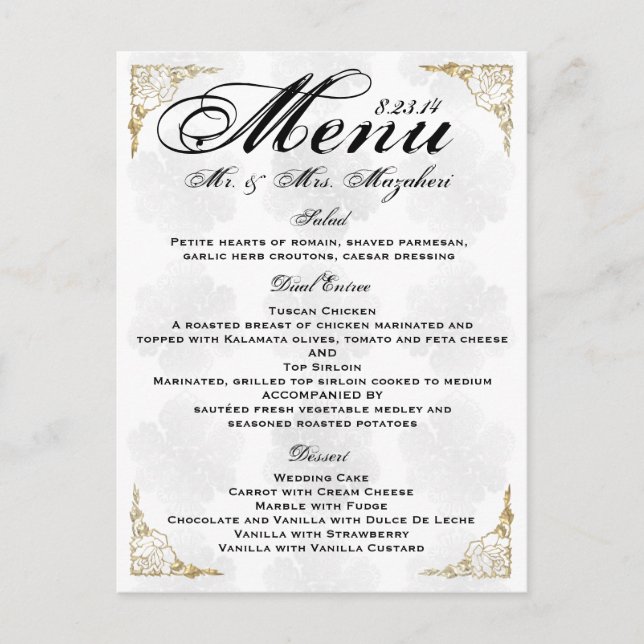 Gold Rose Wedding Dinner Menu Thank you Note Postcard (Front)