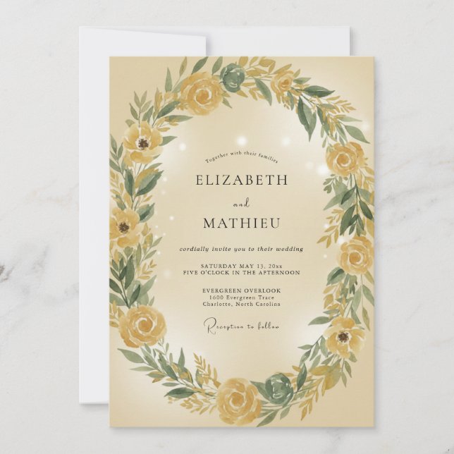 Gold Rose Wreath Wedding Invitation (Front)