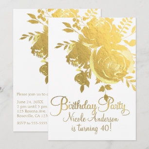 Gold Roses Faux Foil Elegant Floral Birthday Party Invitation