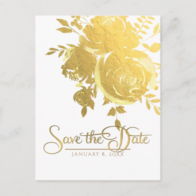Gold Roses Faux Foil Elegant Modern Save the Date Announcement Postcard (Front)